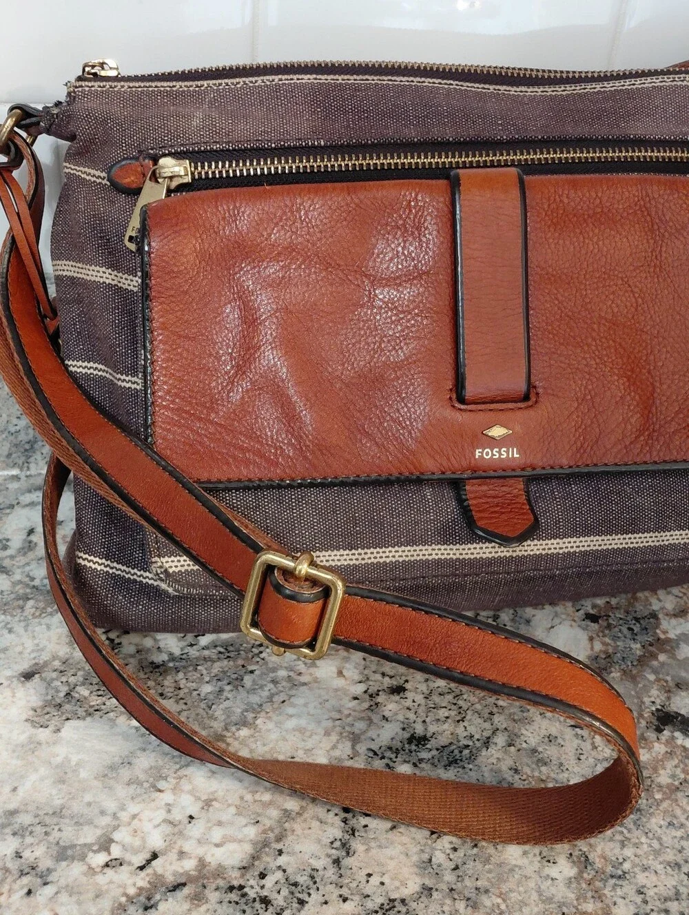 Fossil Women's Kinley Gray Brown Striped Leather & Canvas Crossbody Bag